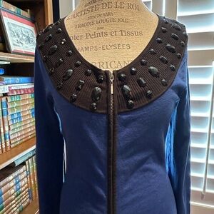 Elegant Blue Cardigan with Black Beaded Collar